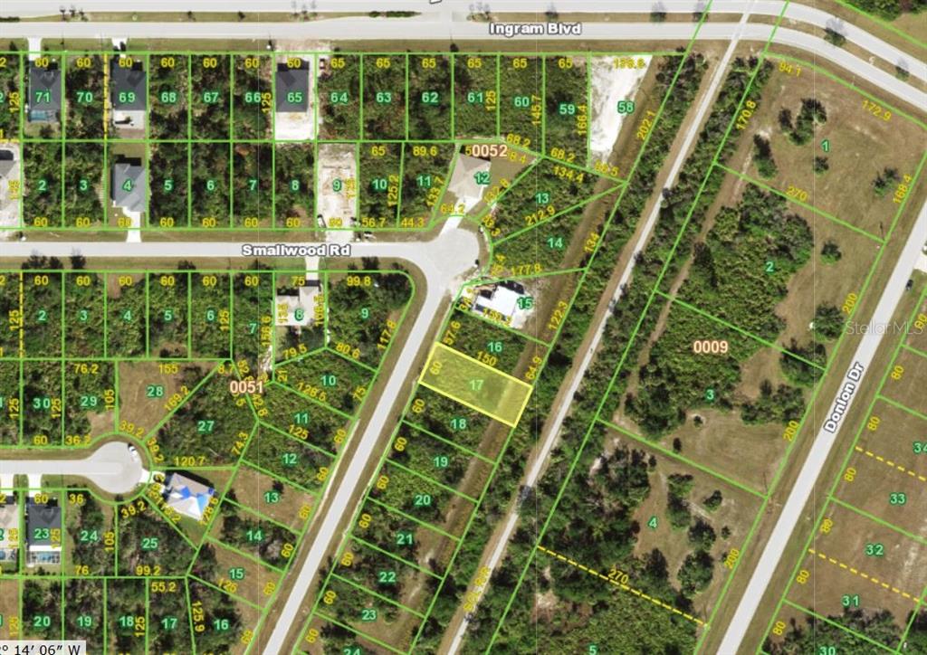 This is a satellite map showing residential lots and street layouts — 130 SMALLWOOD ROAD, ROTONDA WEST, FL