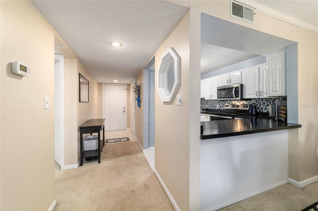 A hallway with beige carpet leads to a white front door next to a kitchen — 2845 SW 32ND AVENUE UNIT B3, OCALA, FL