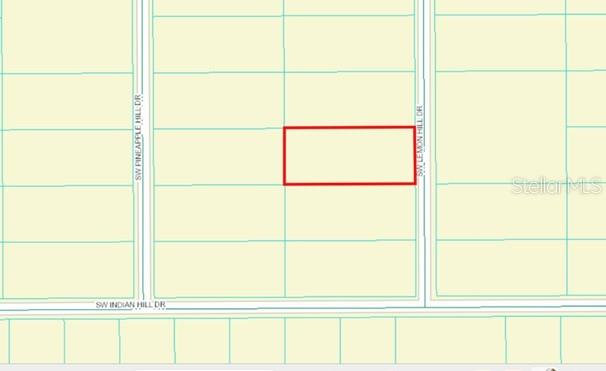 This is a map showing a rectangular property lot outlined in red between two streets — SW LEMON HILL DRIVE, DUNNELLON, FL