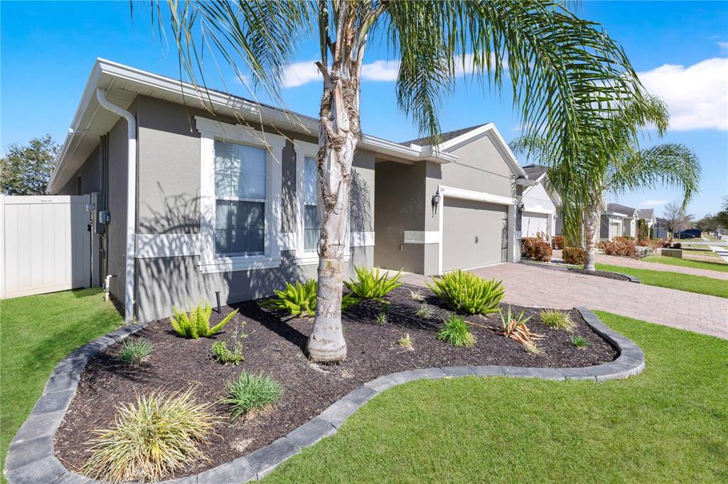 A single-story house with a gray stucco exterior, a paved driveway, and a landscaped yard — 244 WHIRLAWAY DRIVE, DAVENPORT, FL