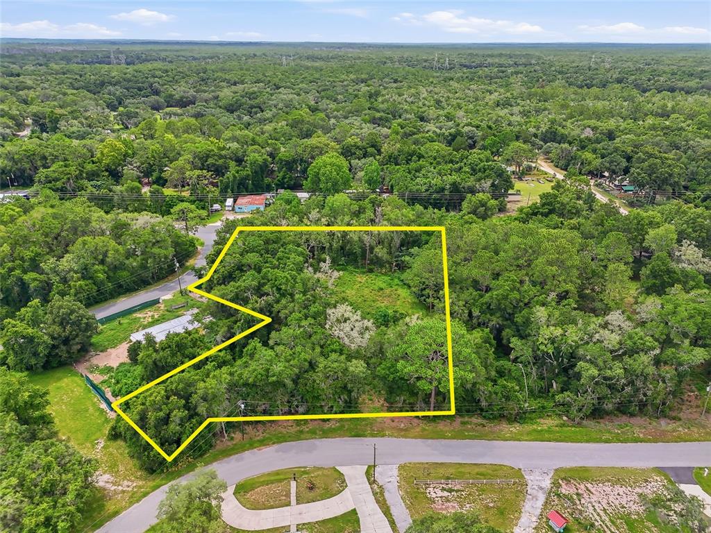 An aerial view shows a wooded, irregularly shaped vacant lot outlined in yellow — 7002 N CASTLEBURY, HERNANDO, FL