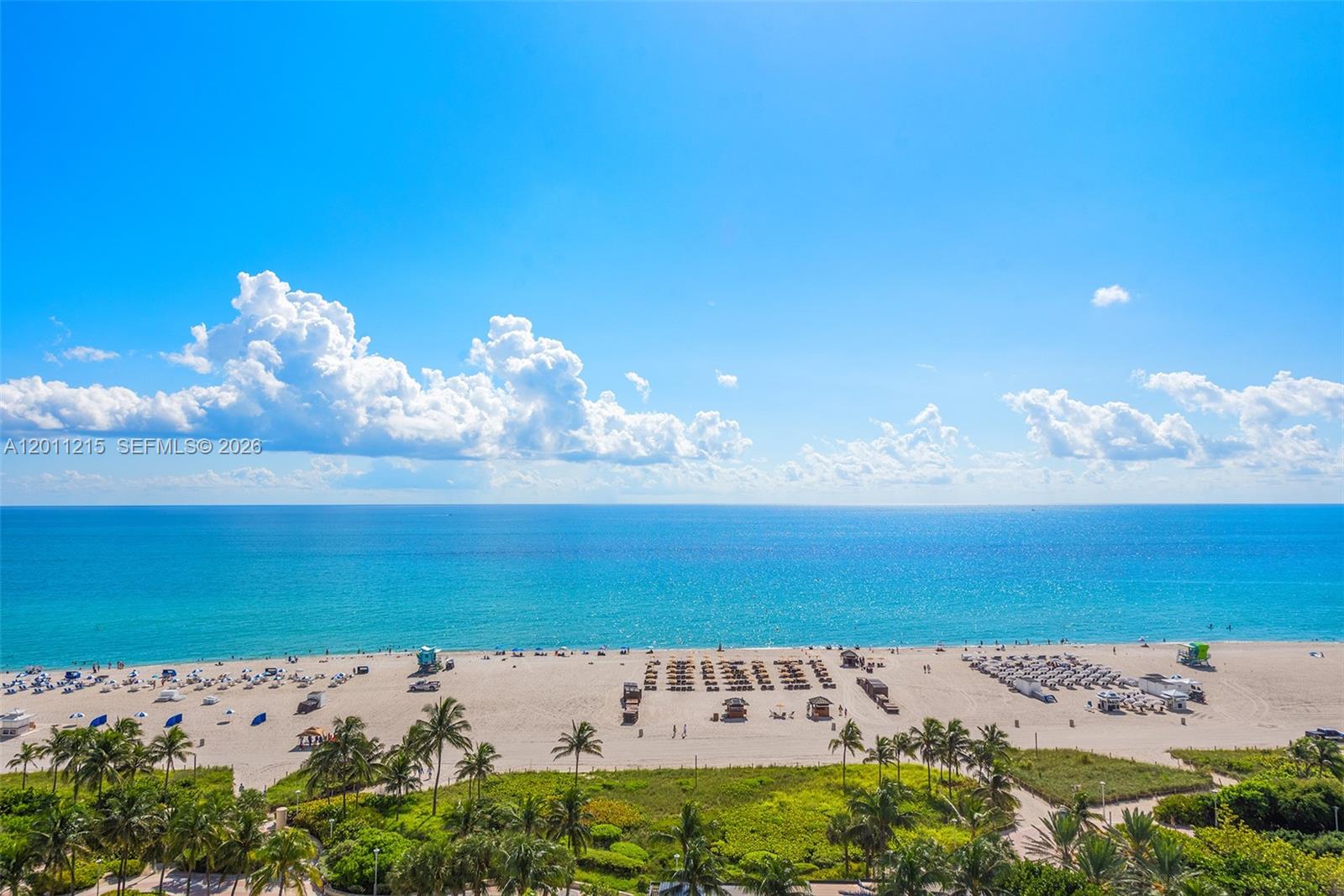An elevated view shows a sandy beach with palm trees, lounge chairs, and the ocean — 101 20th St # 1707, Miami Beach FL 33139, MIAMI BEACH, FL