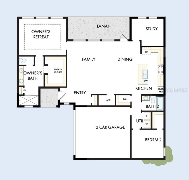 This is a floor plan for a single-story home with a two-car garage and lanai — 5261 COLONY VISTA DRIVE, APOLLO BEACH, FL