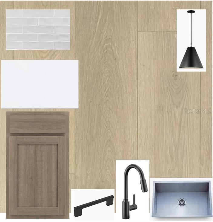 This design board displays kitchen finishes including wood-look flooring, cabinetry, white countertops, and black hardware — 5261 COLONY VISTA DRIVE, APOLLO BEACH, FL