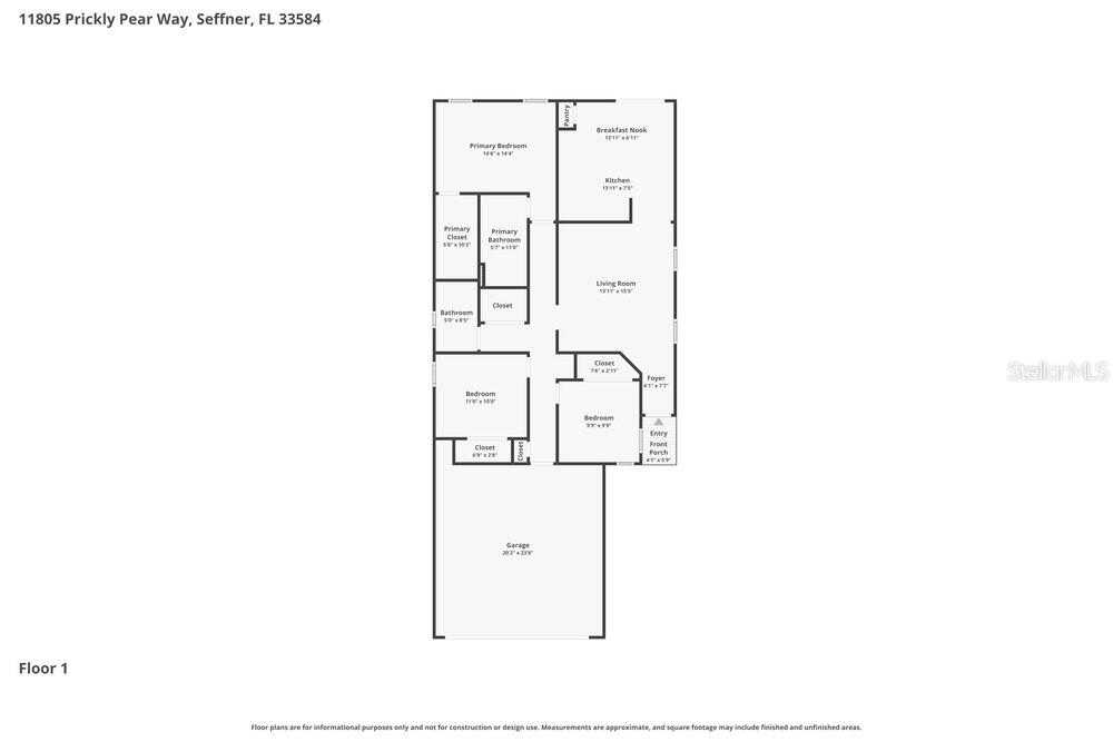 This is a floor plan for a single-story house with a garage and three bedrooms — 11805 PRICKLY PEAR WAY, SEFFNER, FL