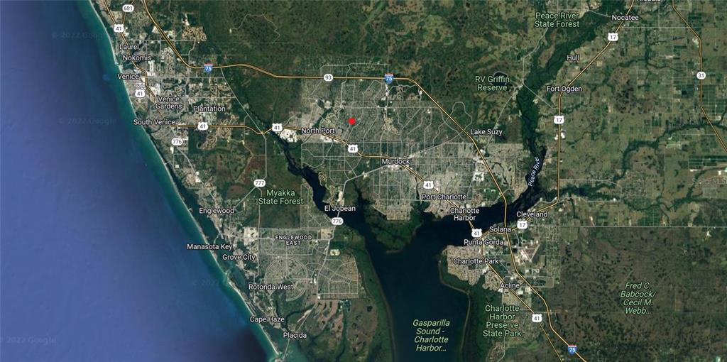 This is a satellite map showing the North Port and Port Charlotte area in Florida — Lot #15 JENNINGS STREET, NORTH PORT, FL