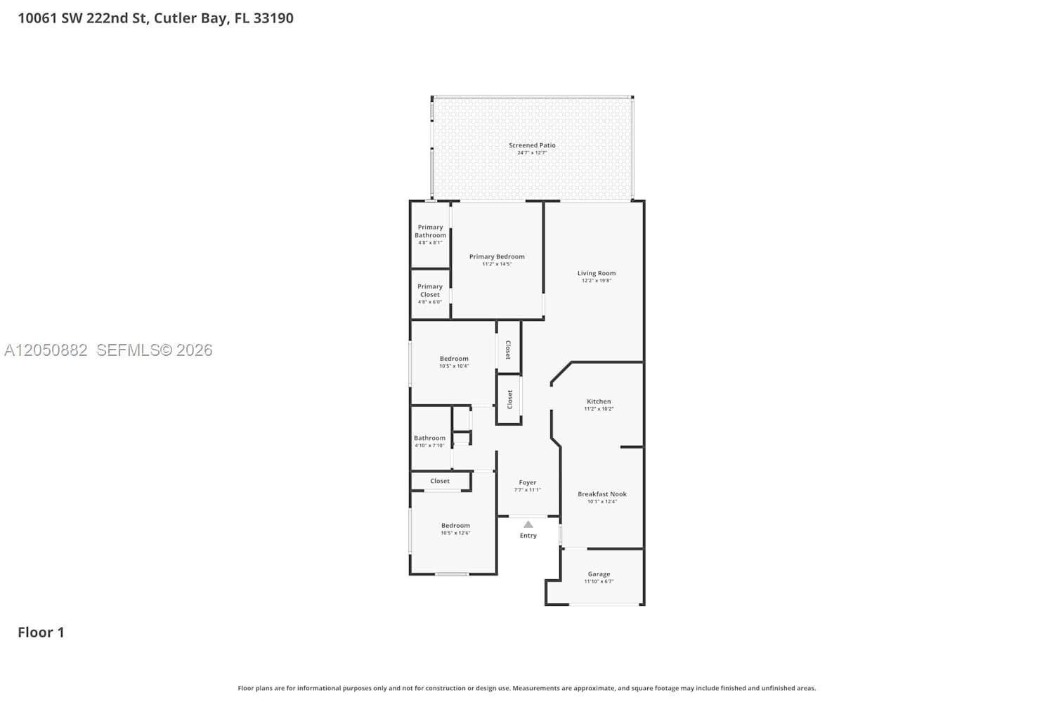 This is a floor plan for a single-story home featuring three bedrooms and a garage — CUTLER BAY, FL
