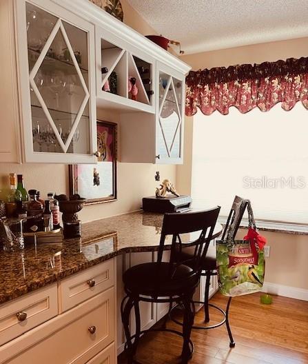 A kitchen corner features granite countertops, white cabinetry with glass-front doors, and two bar stools — 9320 CLUBSIDE CIRCLE UNIT 2308, SARASOTA, FL