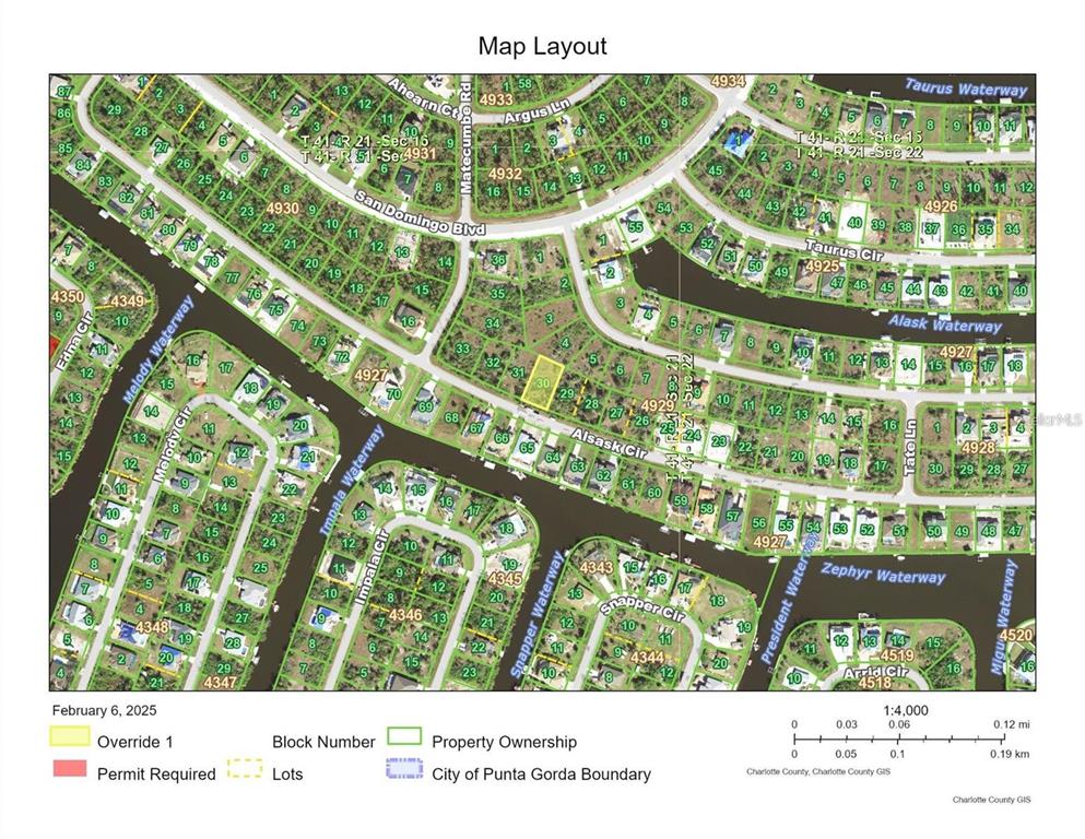 This is a map showing property lots, waterways, and street layouts in a residential area — 15469 ALSASK CIRCLE, PORT CHARLOTTE, FL