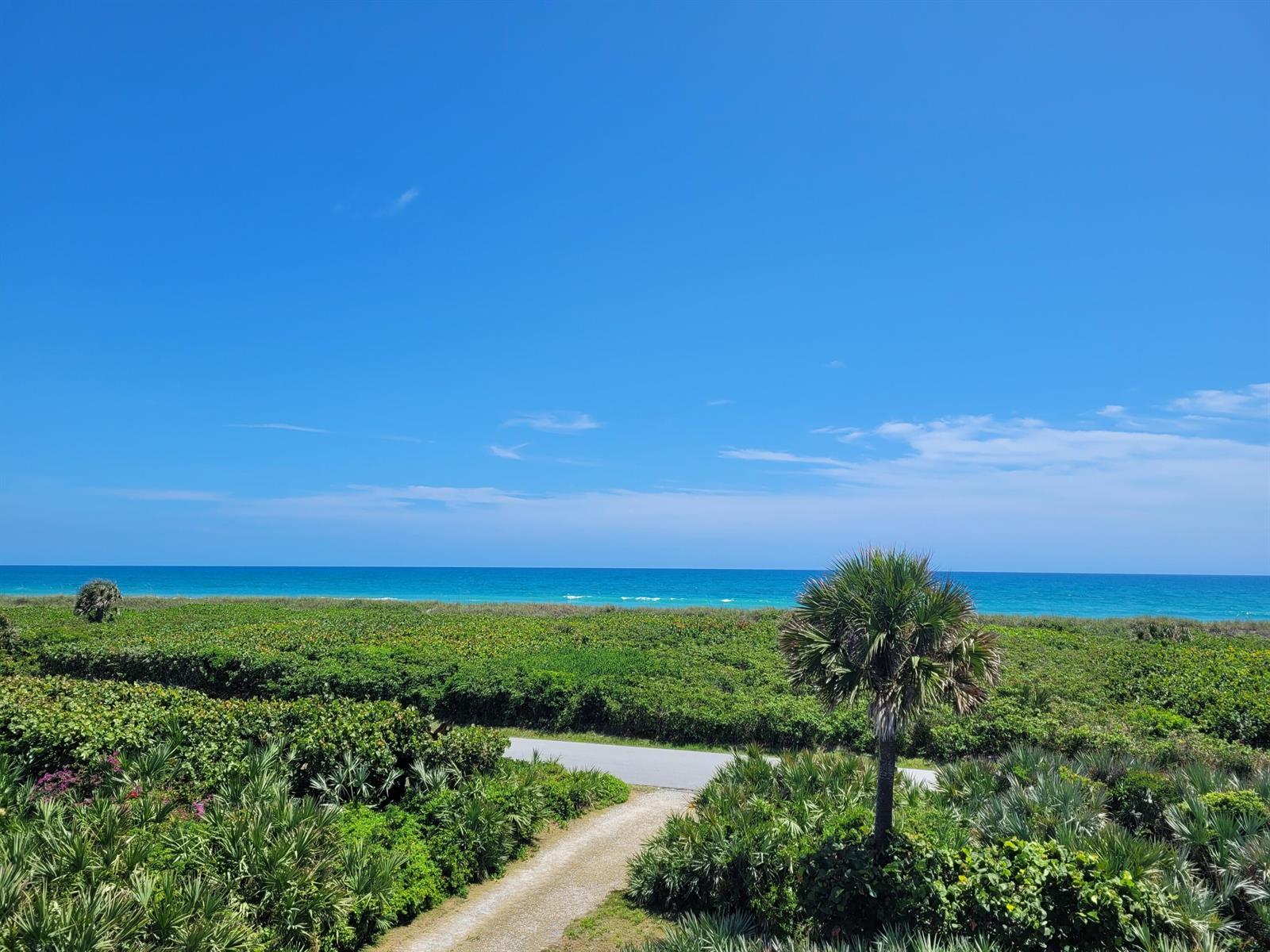 A view of a coastal landscape with a dirt path leading toward the ocean — 116 N Beach Road, Jupiter Island FL 33455, JUPITER ISLAND, FL