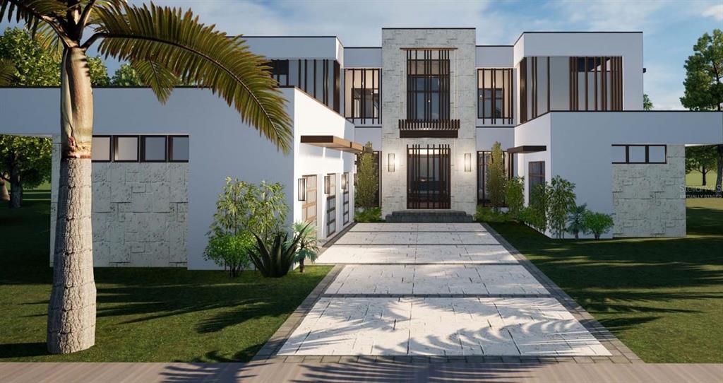 A digital rendering of a modern two-story home with a stone facade and driveway — 11035 CROMWELL ROAD, ORLANDO, FL