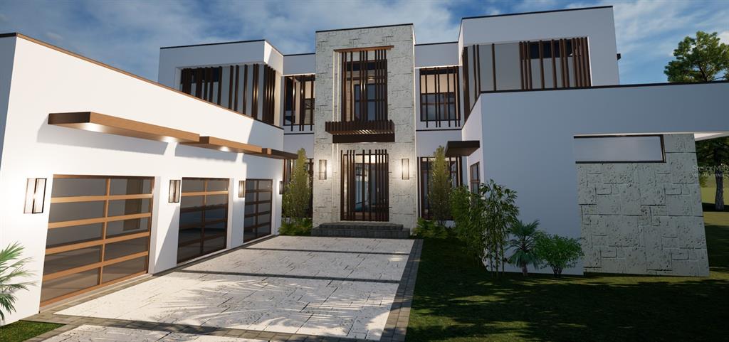 This is a rendering of a modern two-story house with a stone facade and three-car garage — 11035 CROMWELL ROAD, ORLANDO, FL