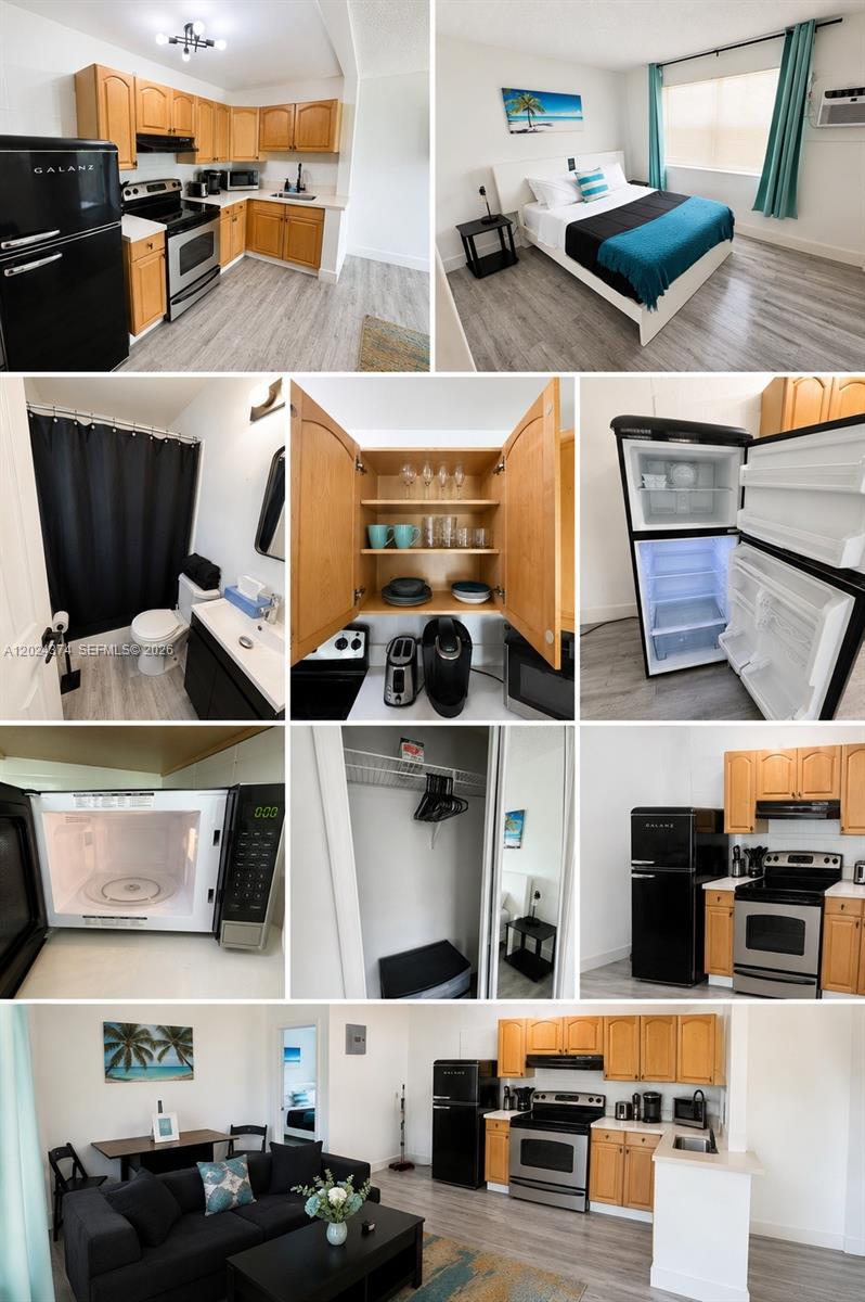 A collage shows a studio apartment with a kitchen, bedroom, bathroom, and living area — 3210 Canal Dr # 6, Pompano Beach FL 33062, POMPANO BEACH, FL