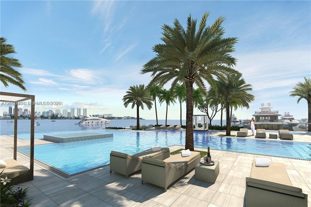 This is a rendering of an outdoor pool area with lounge chairs and palm trees — NORTH MIAMI BEACH, FL