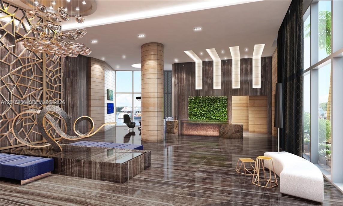 This rendering shows a modern lobby with marble floors, a reception desk, and large windows — NORTH MIAMI BEACH, FL