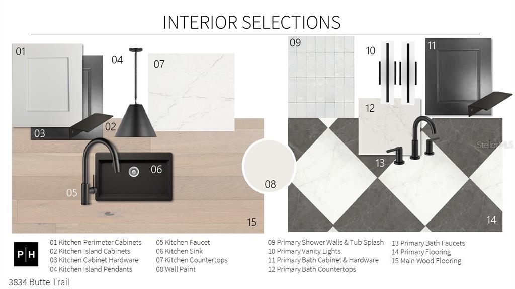 This interior design mood board displays material and fixture selections for a kitchen and bathroom — 3834 BUTTE TRAIL, LAKEWOOD RANCH, FL