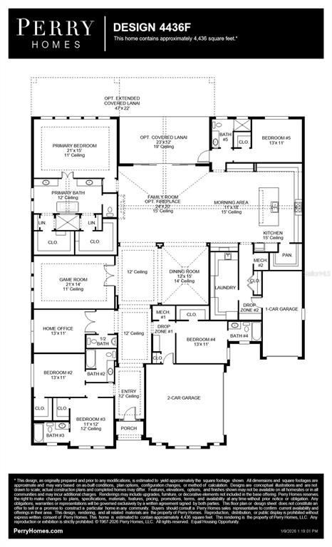 This floor plan shows a single-story home layout with five bedrooms, a game room, and garages — 3834 BUTTE TRAIL, LAKEWOOD RANCH, FL