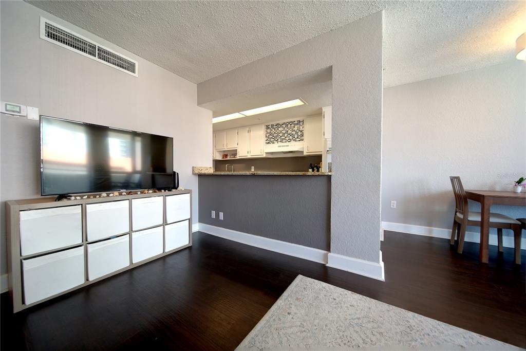 A living room with dark wood floors, a television console, and an open kitchen pass-through — 470 3RD STREET S UNIT 612, ST PETERSBURG, FL