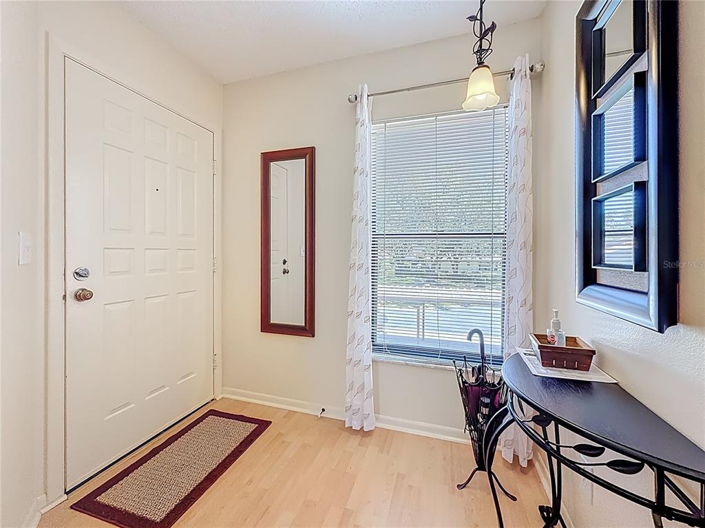 An entryway features a white door, light wood flooring, a window with blinds, and furniture — 3505 TARPON WOODS BLVD UNIT P408, PALM HARBOR, FL
