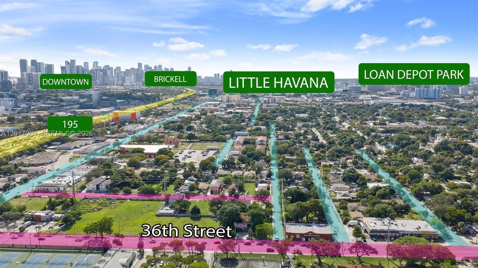 This aerial map shows urban neighborhoods, major streets, and landmarks in Miami, Florida — 796 NW 36th St, Miami FL 33127, MIAMI, FL