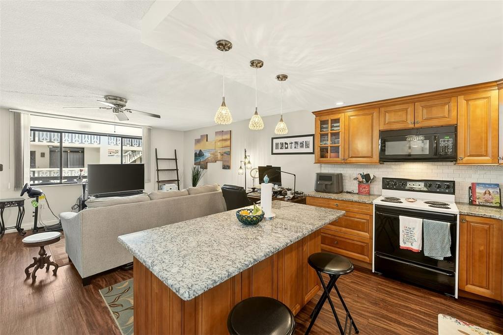 A kitchen with wood cabinets and a granite island overlooks a living area with furniture — 2612 PEARCE DRIVE UNIT 209, CLEARWATER, FL