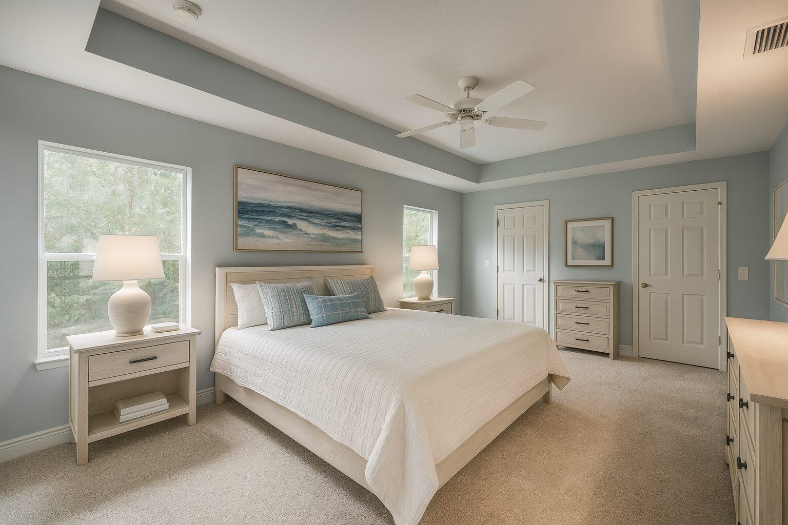 A bedroom with light blue walls, a tray ceiling, a bed, and two nightstands — 9312 Windrift Circle, Fort Pierce FL 34945, FORT PIERCE, FL