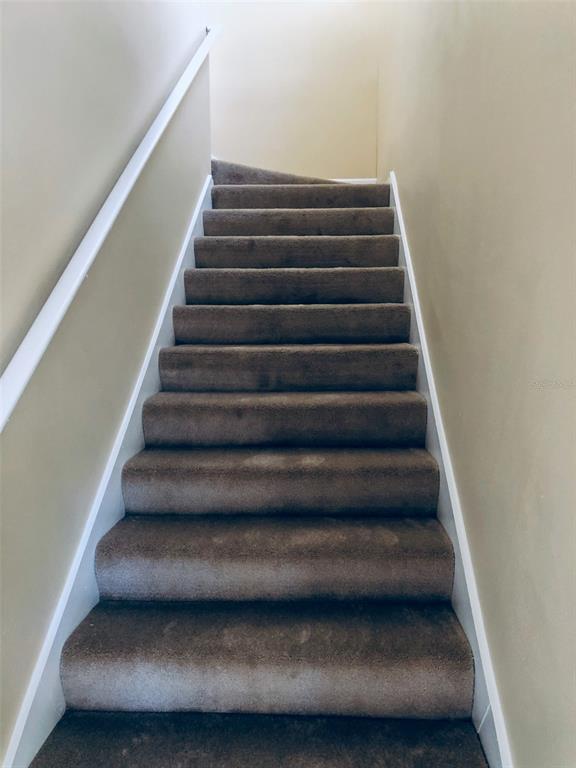 A staircase with brown carpeted steps and white trim leads to an upper landing — 10561 VILLA VIEW CIRCLE UNIT 10561, TAMPA, FL