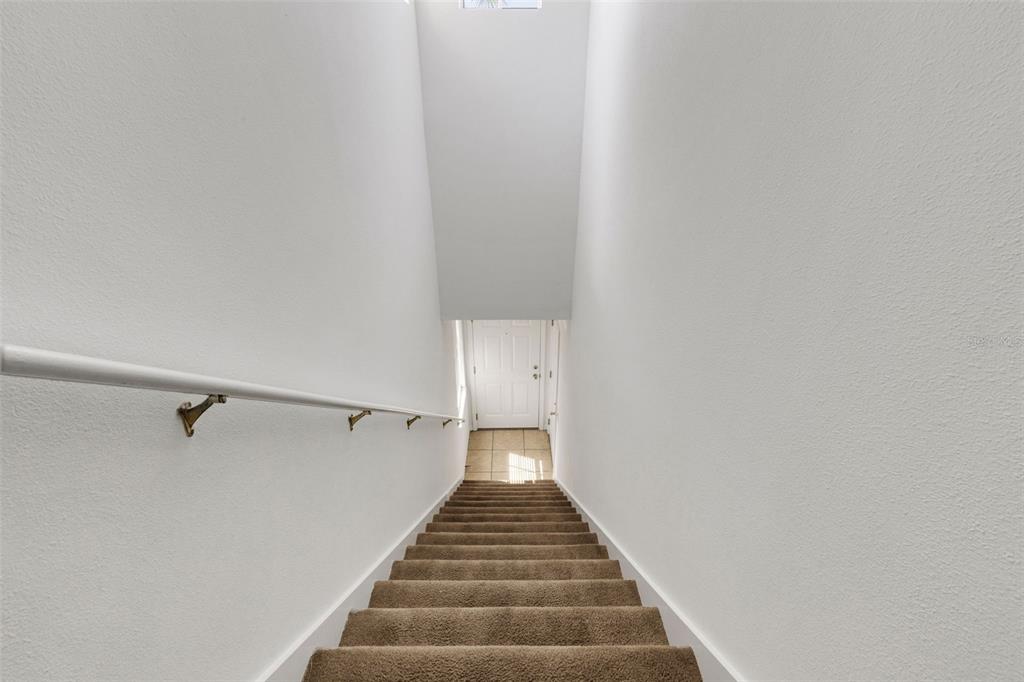 A carpeted staircase with a white handrail leads down to a tiled entryway — 5328 MANG PLACE UNIT 1305, SARASOTA, FL