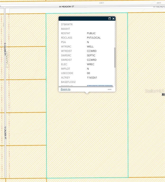 This map shows a property parcel with its associated utility and infrastructure data — 4442 W MEADOW STREET, HOMOSASSA, FL