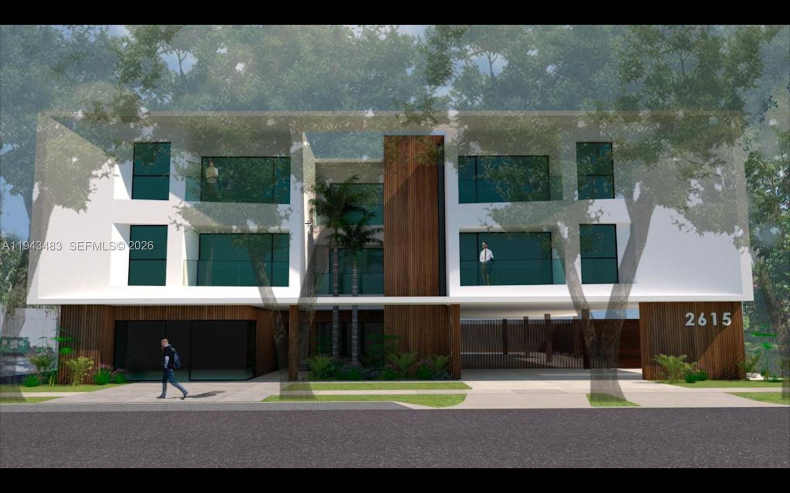 This is a digital rendering of a modern three-story building with wood and white accents — 2615 SW 13th St, Miami FL 33145, MIAMI, FL