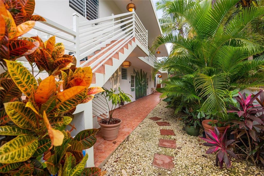 An outdoor walkway with a staircase leads along the side of a building with tropical landscaping — Carr. 413 Int.  Km 4 THE JUNGLE, RINCON, PR
