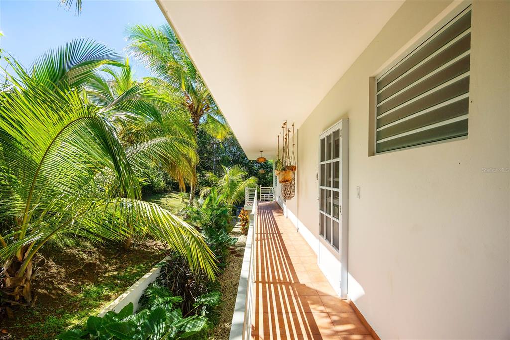 A covered outdoor balcony features tiled flooring, a white door, and views of palm trees — Carr. 413 Int.  Km 4 THE JUNGLE, RINCON, PR
