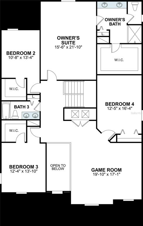This is a floor plan of a house's second level featuring four bedrooms, a game room, and bathrooms — 4916 MEADOW BAY COURT, WIMAUMA, FL