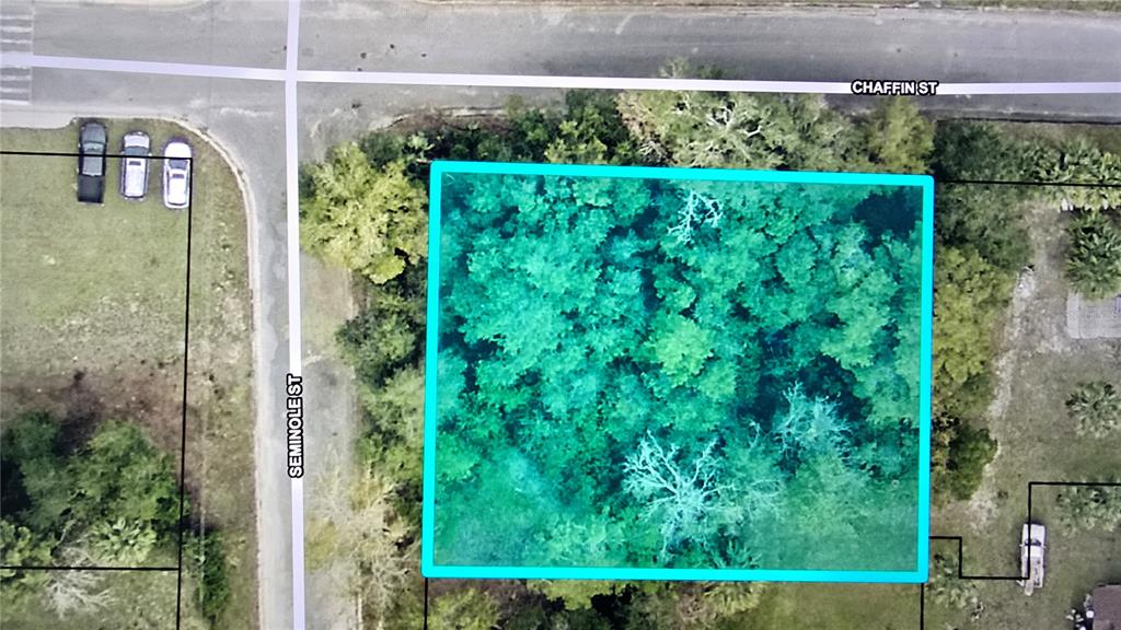 This is an aerial map showing a wooded, rectangular lot located at a street corner — 00 SEMINOLE STREET, MILTON, FL