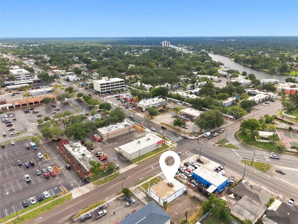 An aerial view shows a commercial building with a location pin in a suburban area — 2508 W TAMPA BAY BOULEVARD, TAMPA, FL