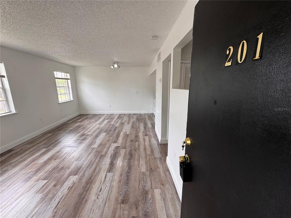 An interior view of a room with wood-look flooring and a black apartment door — 5317 CURRY FORD ROAD UNIT O201, ORLANDO, FL