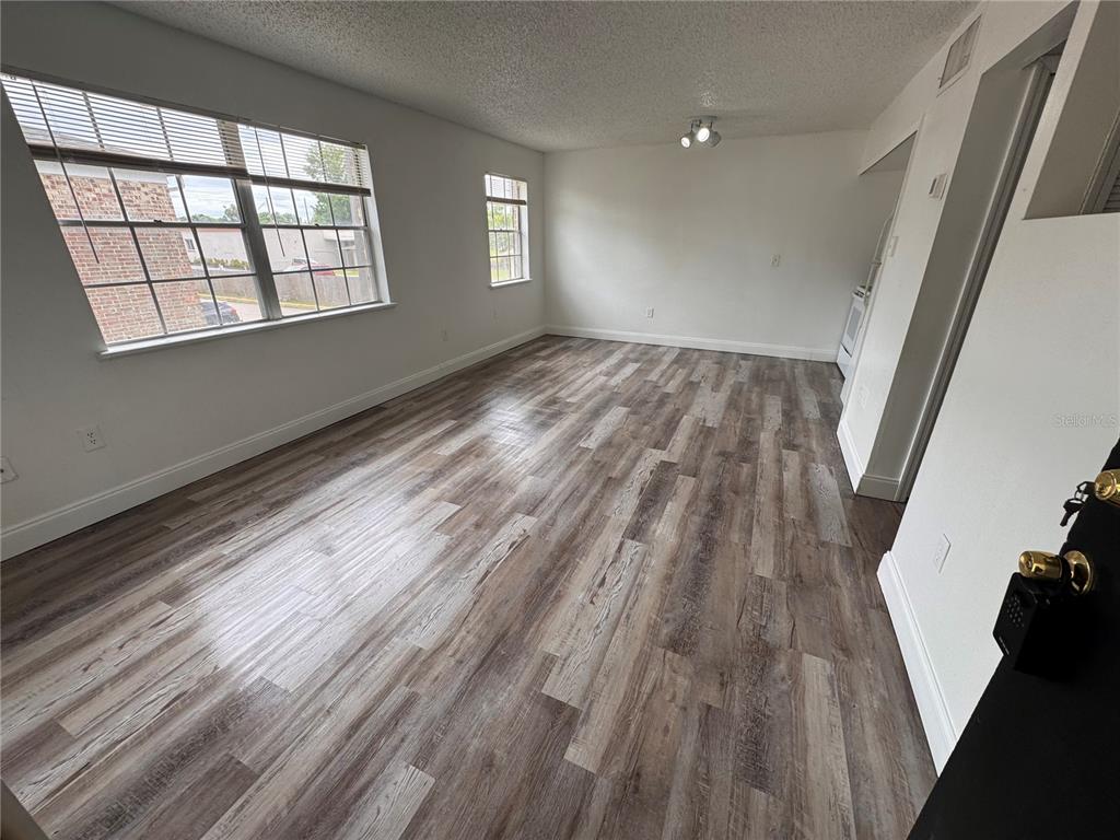 An empty living room features wood-look laminate flooring, white walls, and two windows — 5317 CURRY FORD ROAD UNIT O201, ORLANDO, FL