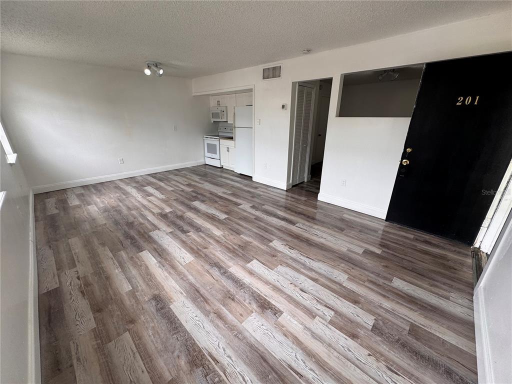 An open-concept living area features wood-look flooring, a small kitchen, and a black entry door — 5317 CURRY FORD ROAD UNIT O201, ORLANDO, FL