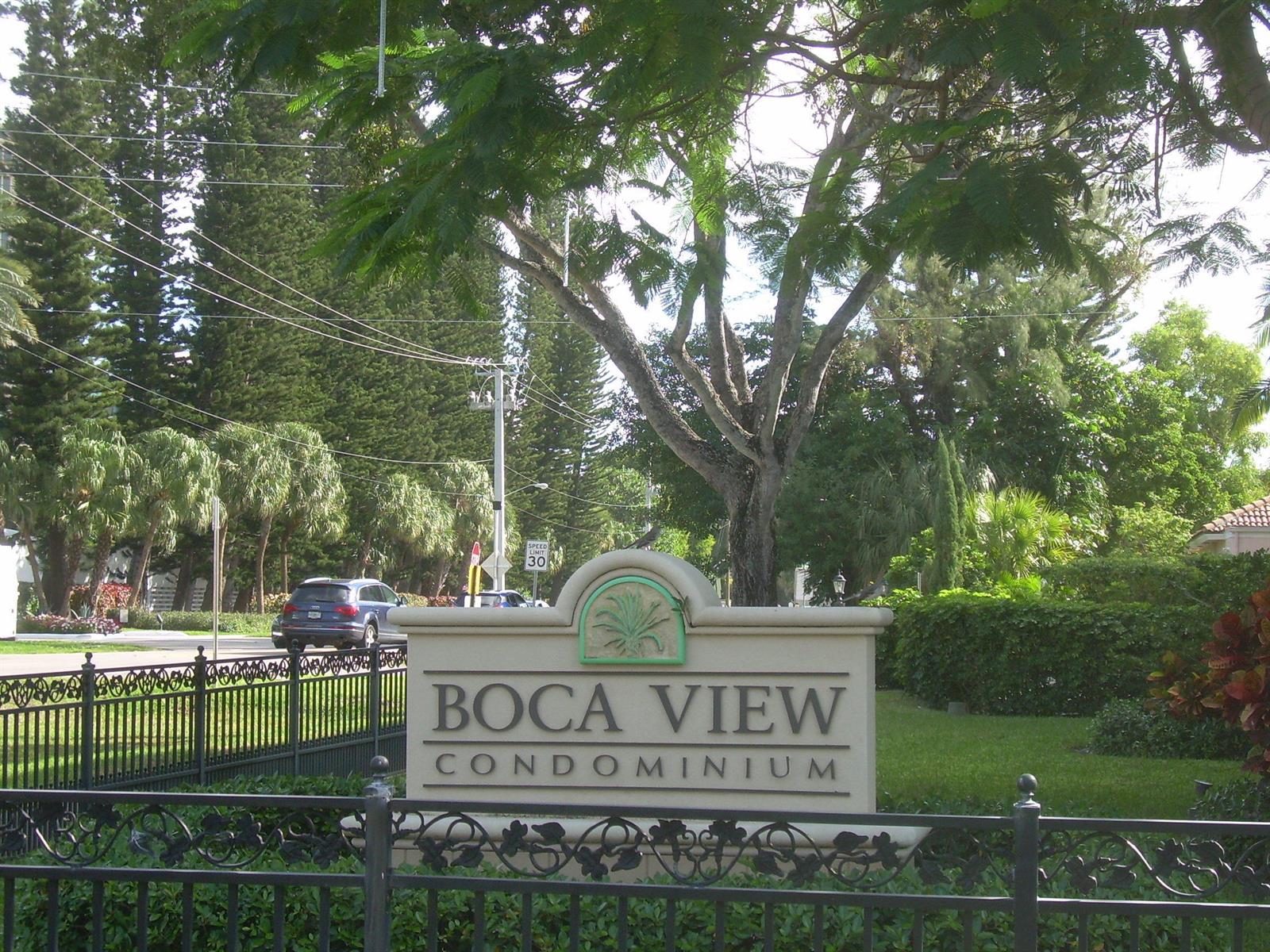 A stone monument sign for Boca View Condominium stands behind a black metal fence — 1000 Spanish River Road # 3b, Boca Raton FL 33432, BOCA RATON, FL
