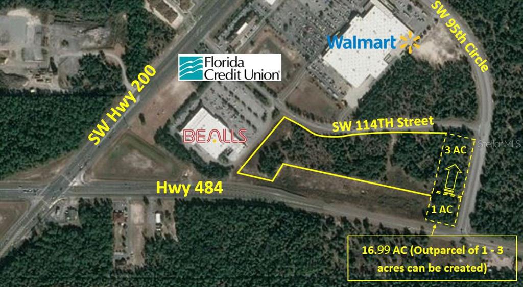 This aerial map shows a 16.99-acre plot of land near a Walmart and Bealls store — 9440 SW 114TH STREET, OCALA, FL