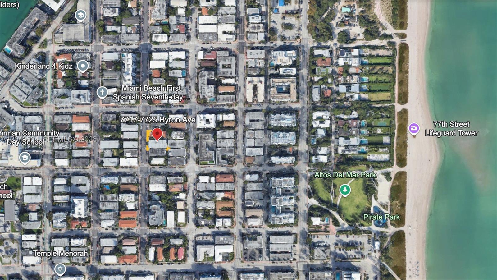 This is an aerial map view of a residential neighborhood in Miami Beach — 7717 Byron Ave, Miami Beach FL 33141, MIAMI BEACH, FL