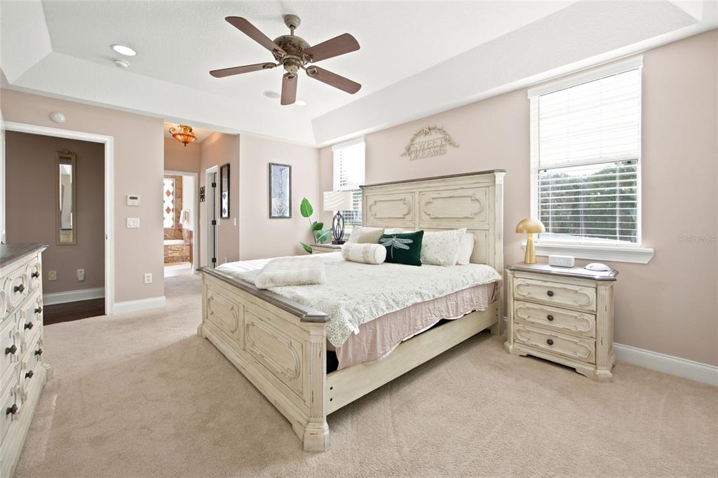 A bedroom features a light-colored wooden bed frame, beige carpet, and a ceiling fan — 1706 SW 27TH STREET, OCALA, FL