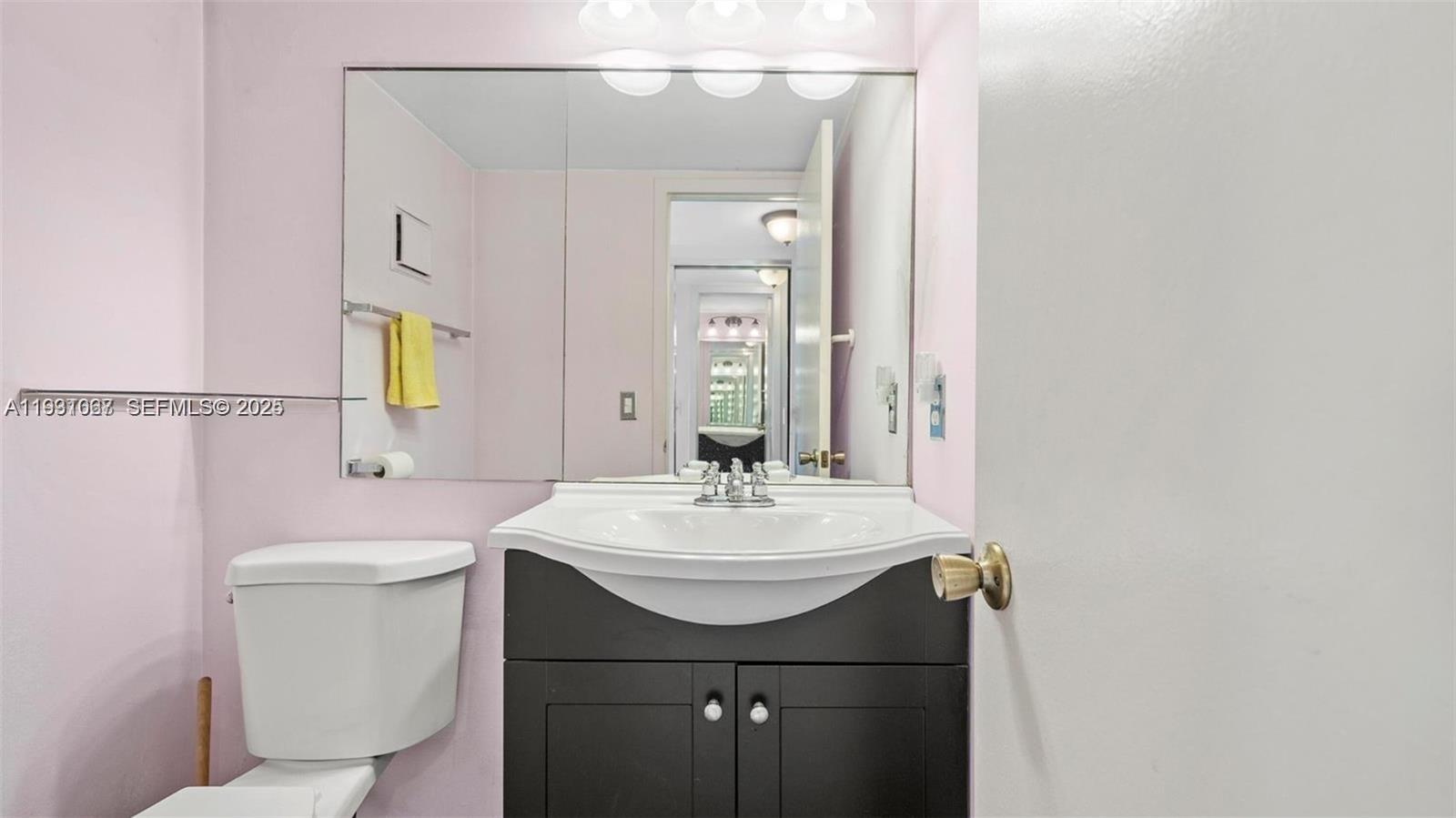 A bathroom features a dark vanity, a white sink, a large mirror, and pink walls — 79 Suffolk B # 79, Boca Raton FL 33434, BOCA RATON, FL