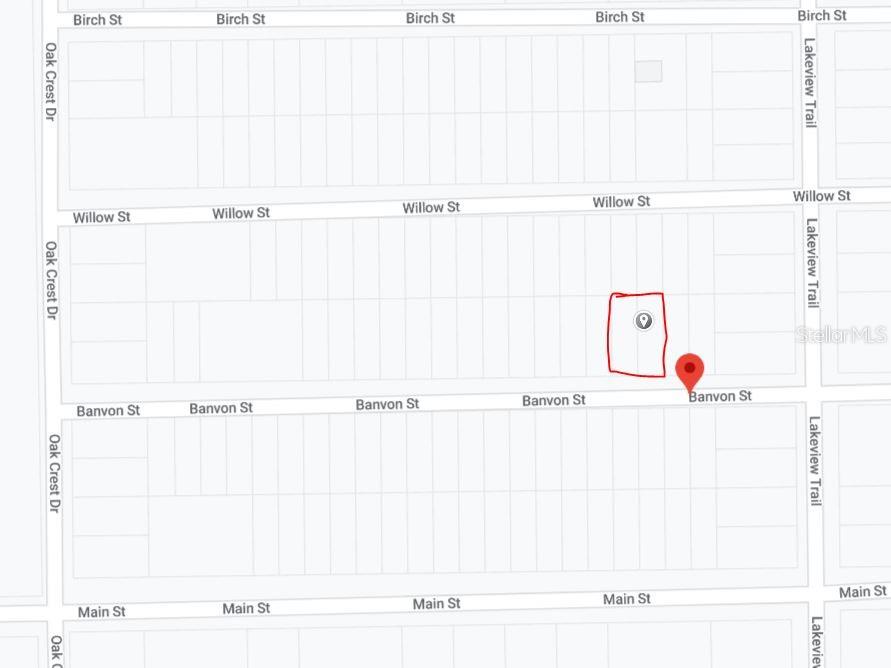This is a map showing a property location highlighted with a red marker and outline — 00 BANVON STREET, INTERLACHEN, FL
