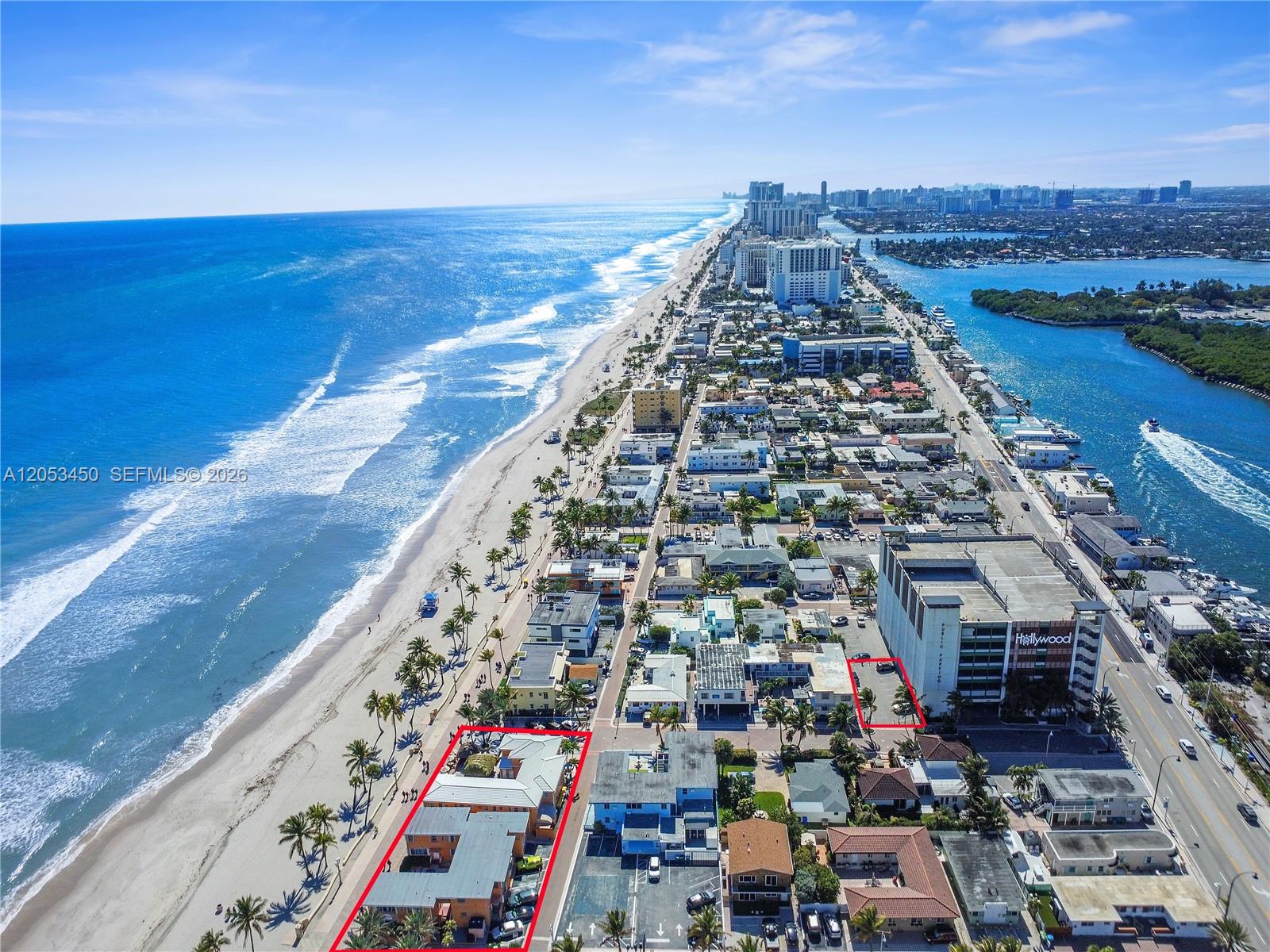 An aerial view shows a coastal neighborhood with two properties outlined in red — 2300-2325 N Surf Rd, Hollywood FL 33019, HOLLYWOOD, FL