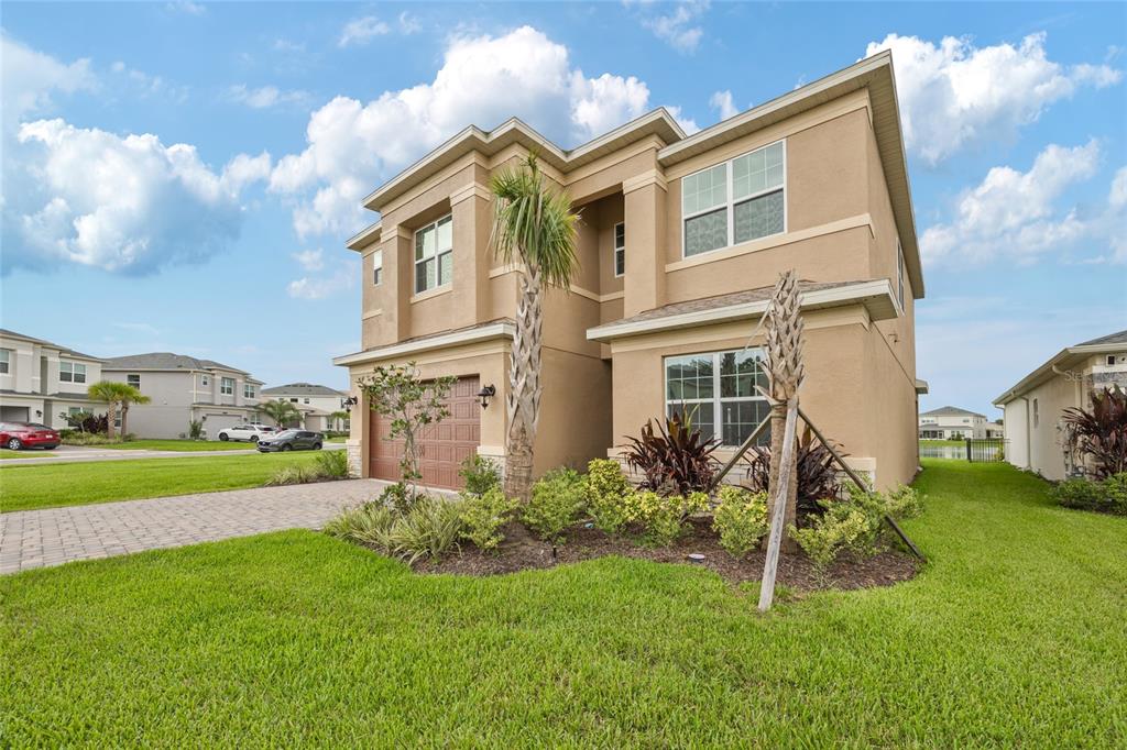A two-story tan stucco house with a paved driveway and palm trees in the front yard — 3488 GREAT BANYAN WAY, WESLEY CHAPEL, FL
