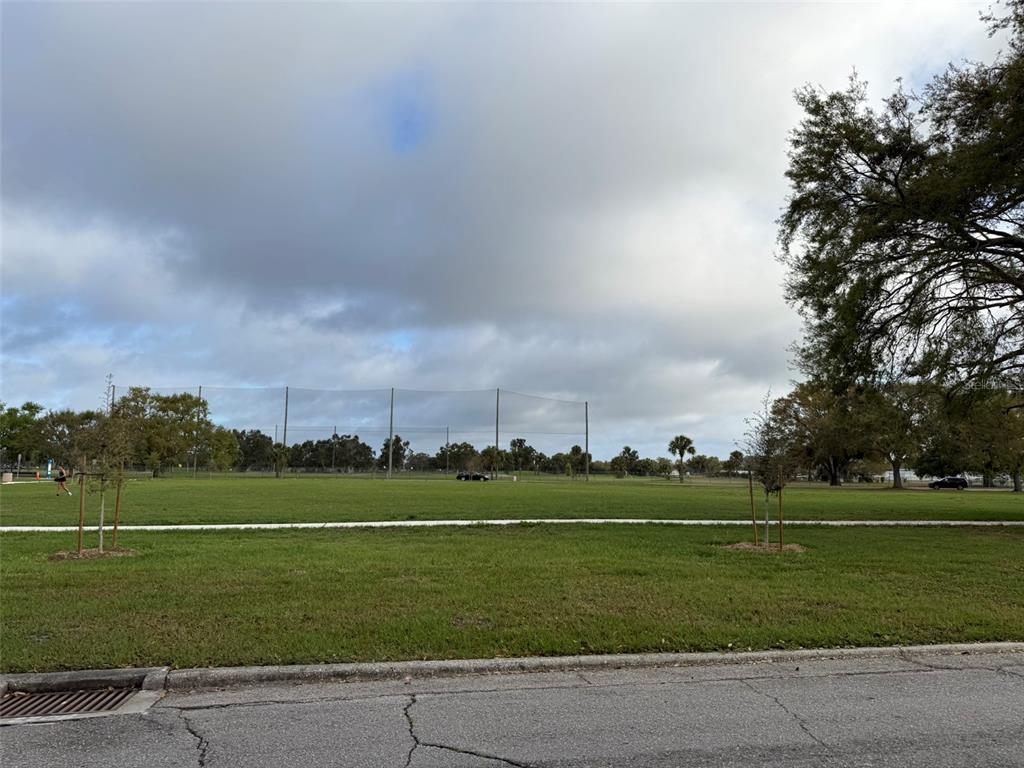 A large, grassy field is enclosed by tall netting under a cloudy sky — 1917 GILBERT STREET, CLEARWATER, FL
