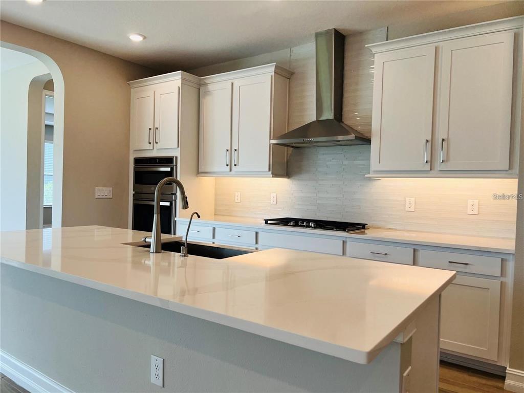 A modern kitchen features white cabinetry, a large quartz island, and stainless steel appliances — 4567 TIVOLI DRIVE, WESLEY CHAPEL, FL