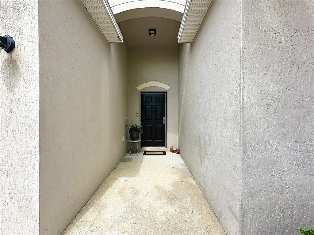 A narrow, covered entryway leads to a black front door with a small potted plant — 1012 SW 242ND TERRACE, NEWBERRY, FL