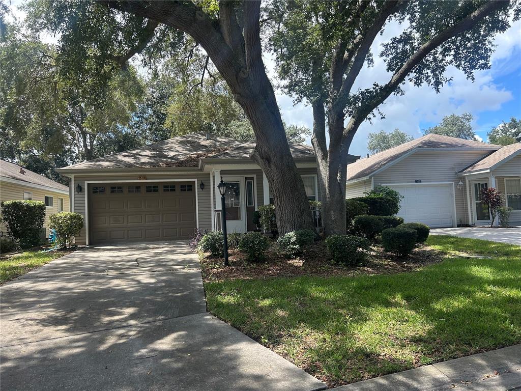 A single-story house with a brown garage door and a large tree in the front yard — 25119 CRANES ROOST CIRCLE, LEESBURG, FL